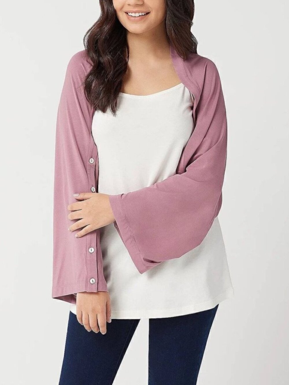 LOGO by Lori Goldstein Rayon 230 Shrug with Button Sleeve Detail